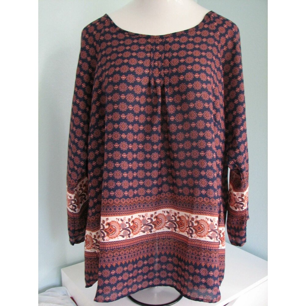 Plus Size Tunic Top Blouse 3X CB Woman Chiffon Pleat Front Border Pattern